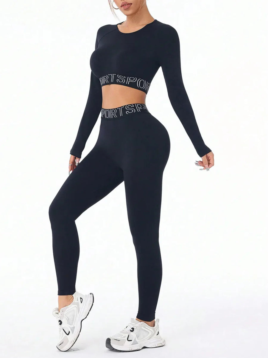 Versatile Activewear Set: Letter Print Round Neck Long Sleeve Top & Leggings for Comfort & Style - Allen - Fitness