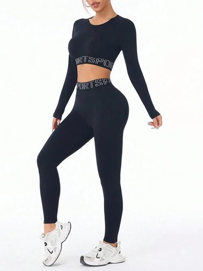 Versatile Activewear Set: Letter Print Round Neck Long Sleeve Top & Leggings for Comfort & Style - Allen - Fitness