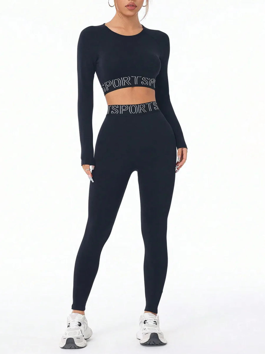 Versatile Activewear Set: Letter Print Round Neck Long Sleeve Top & Leggings for Comfort & Style - Allen - Fitness