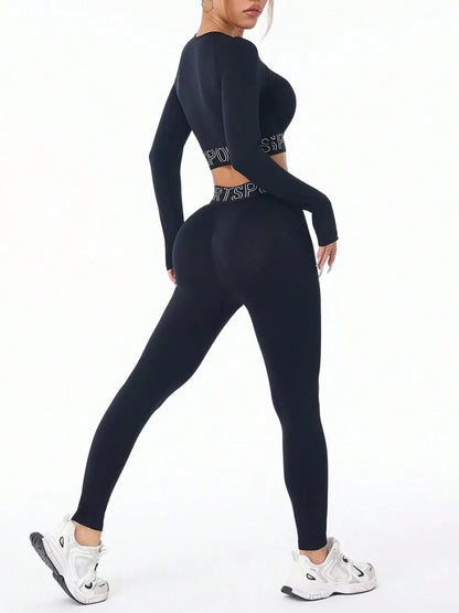 Versatile Activewear Set: Letter Print Round Neck Long Sleeve Top & Leggings for Comfort & Style - Allen - Fitness
