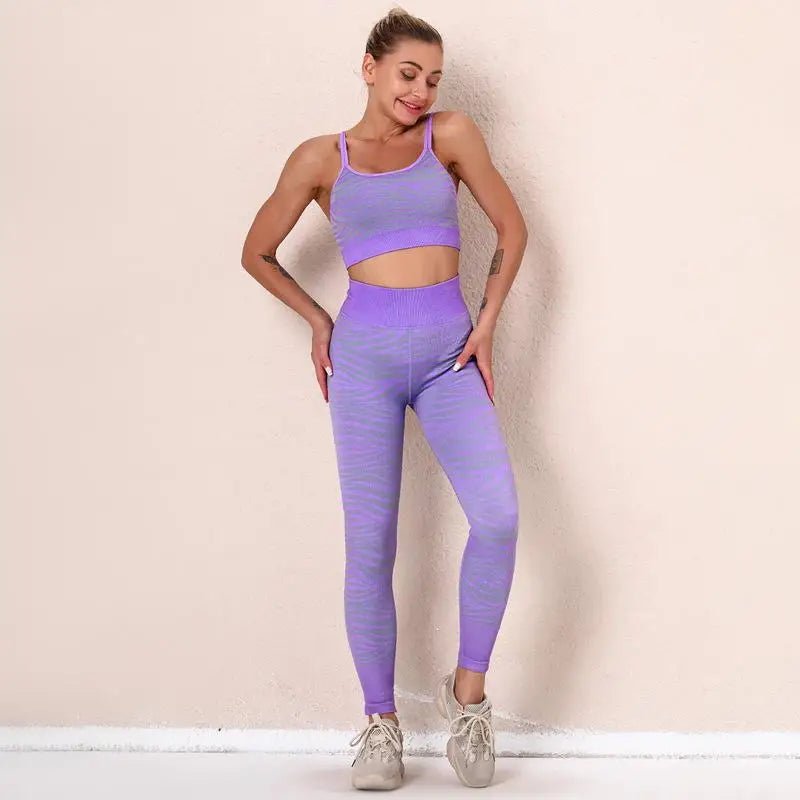 Woman tiger Stripe Print Seamless Bra Gym/Yoga Leggings Fitness Workout Set - Allen - Fitness