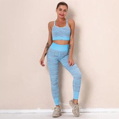 Woman tiger Stripe Print Seamless Bra Gym/Yoga Leggings Fitness Workout Set - Allen - Fitness