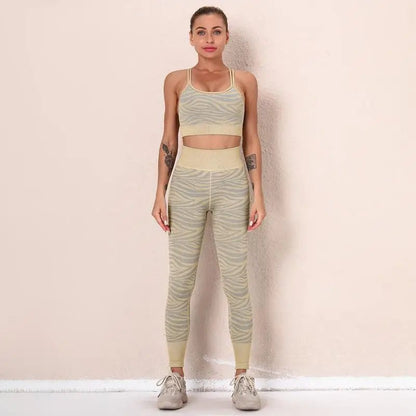 Woman tiger Stripe Print Seamless Bra Gym/Yoga Leggings Fitness Workout Set - Allen - Fitness