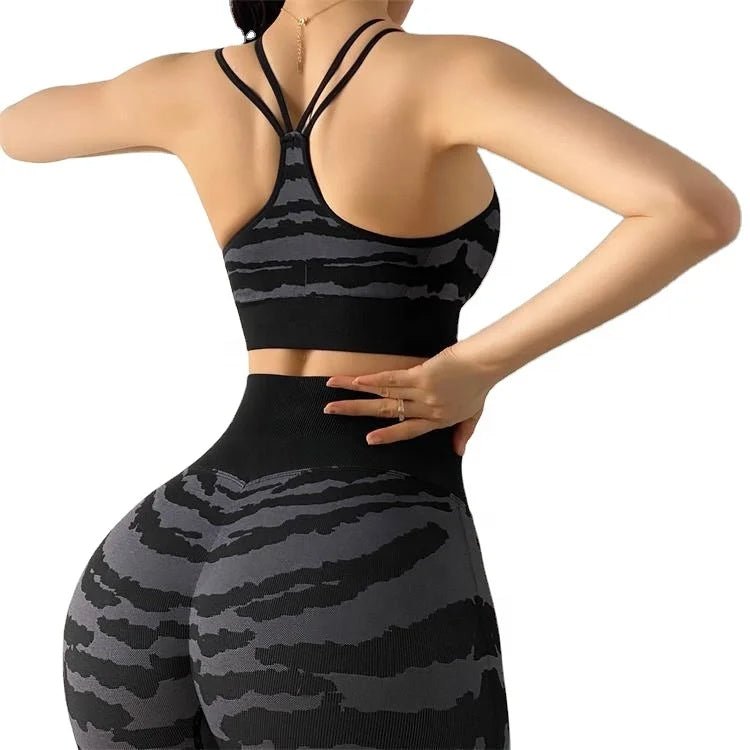 Woman tiger Stripe Print Seamless Bra Gym/Yoga Leggings Fitness Workout Set - Allen - Fitness