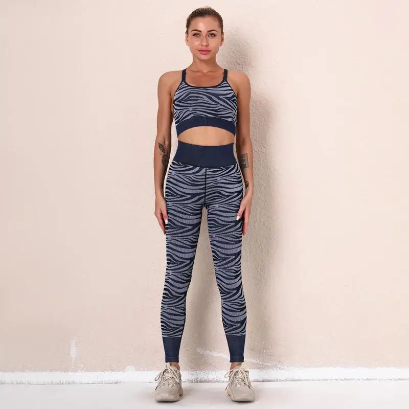 Woman tiger Stripe Print Seamless Bra Gym/Yoga Leggings Fitness Workout Set - Allen - Fitness