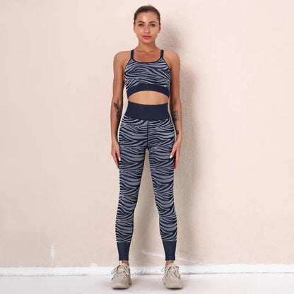 Woman tiger Stripe Print Seamless Bra Gym/Yoga Leggings Fitness Workout Set - Allen - Fitness