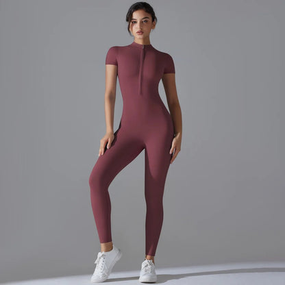 Women Yoga Jumpsuit with Front Zipper – Stylish Gym Fitness Wear for Running and Workouts - Allen - Fitness