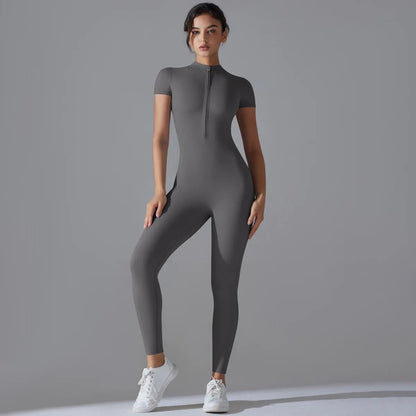 Women Yoga Jumpsuit with Front Zipper – Stylish Gym Fitness Wear for Running and Workouts - Allen - Fitness