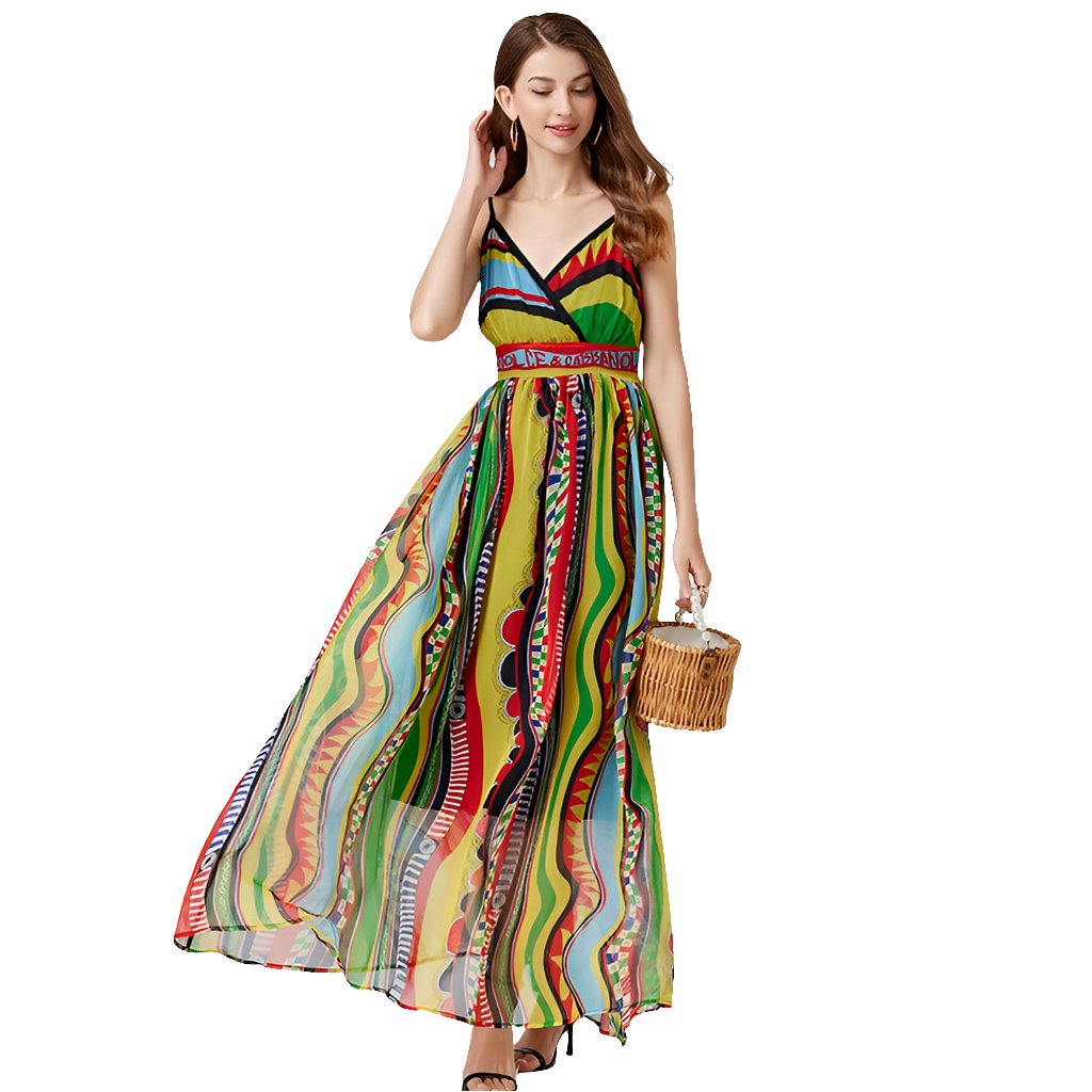 Women's High Waist Dress with Printed Pattern and Elegant Sling Chiffon - Allen - Fitness