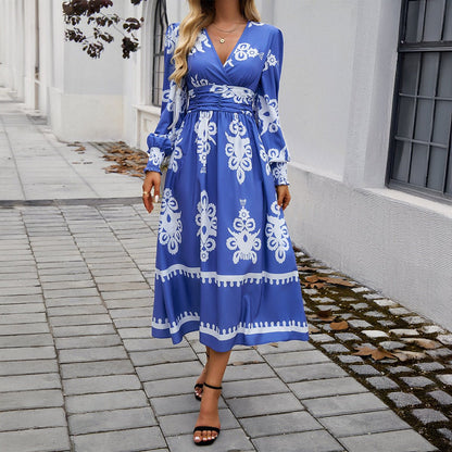 Women's Long Sleeve Dress 3D Effect Printing Mid-Length Skirt - White/Blue/Black/Army Green - Sizes S-2XL.