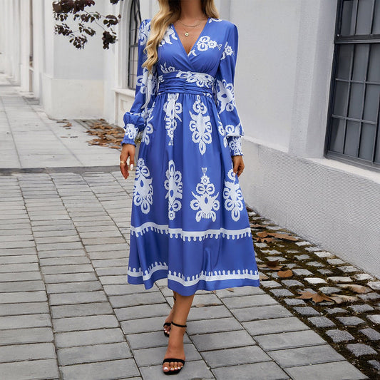 Women's Long Sleeve Dress 3D Effect Printing Mid-Length Skirt - White/Blue/Black/Army Green - Sizes S-2XL.