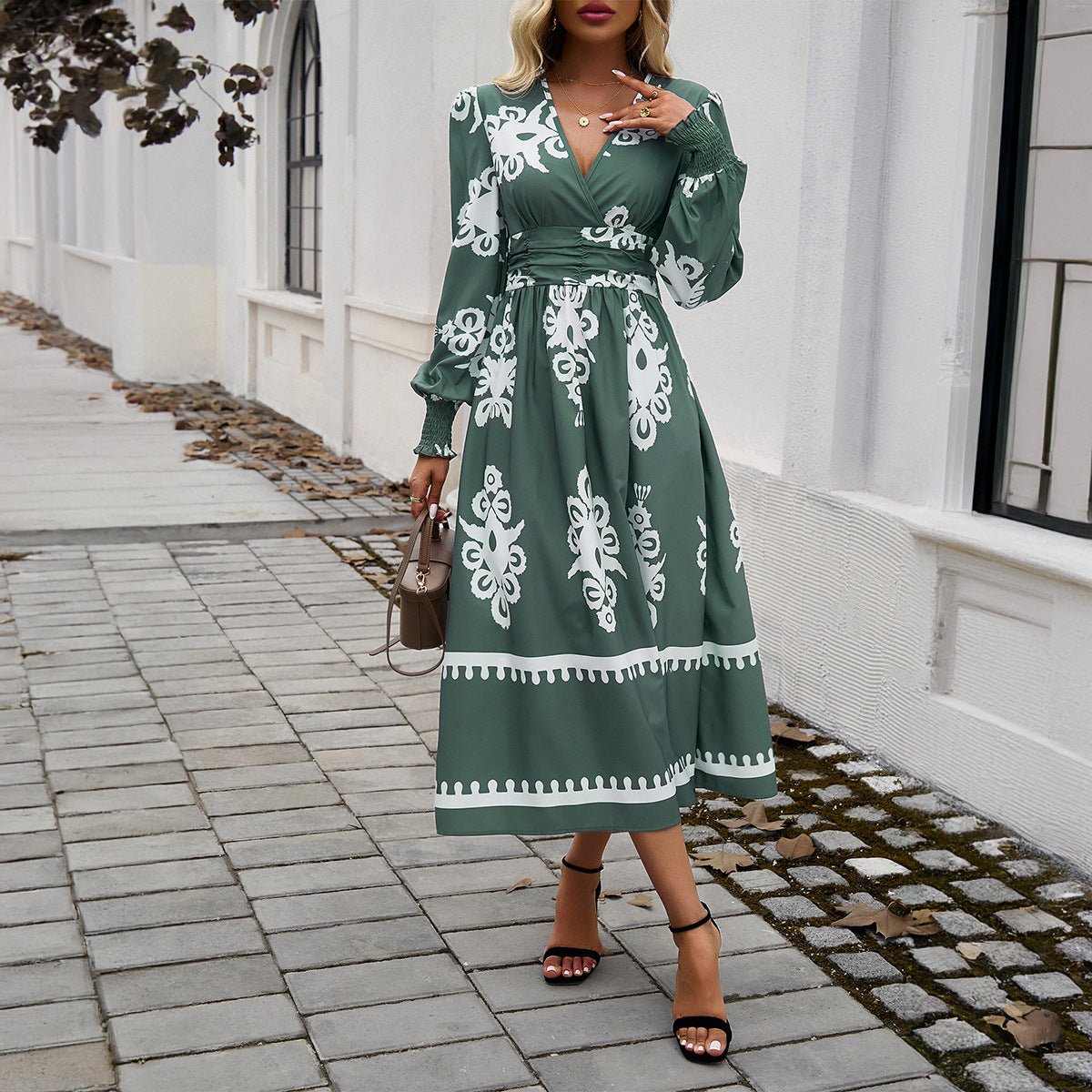 Women's Long Sleeve Dress 3D Effect Printing Mid-Length Skirt - White/Blue/Black/Army Green - Sizes S-2XL.