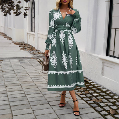 Women's Long Sleeve Dress 3D Effect Printing Mid-Length Skirt - White/Blue/Black/Army Green - Sizes S-2XL.