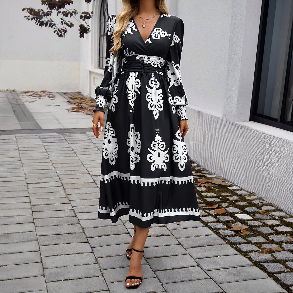 Women's Long Sleeve Dress 3D Effect Printing Mid-Length Skirt - White/Blue/Black/Army Green - Sizes S-2XL.