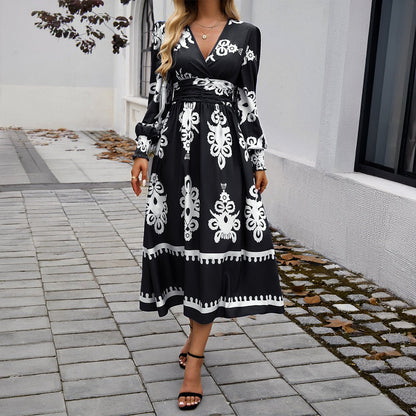 Women's Long Sleeve Dress 3D Effect Printing Mid-Length Skirt - White/Blue/Black/Army Green - Sizes S-2XL.