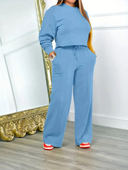 Womens Long Sleeve Sweater Set With Elastic Waist Pants, Casual Two-Piece Suit In Multiple Colors.