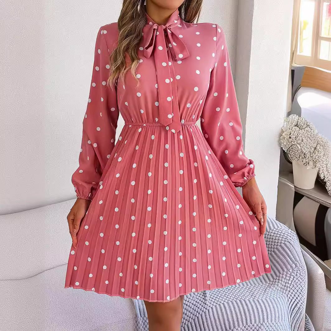 Women’s Polka Dot Pleated Dress – Self - Tie Waist & Long Sleeves - Allen - Fitness