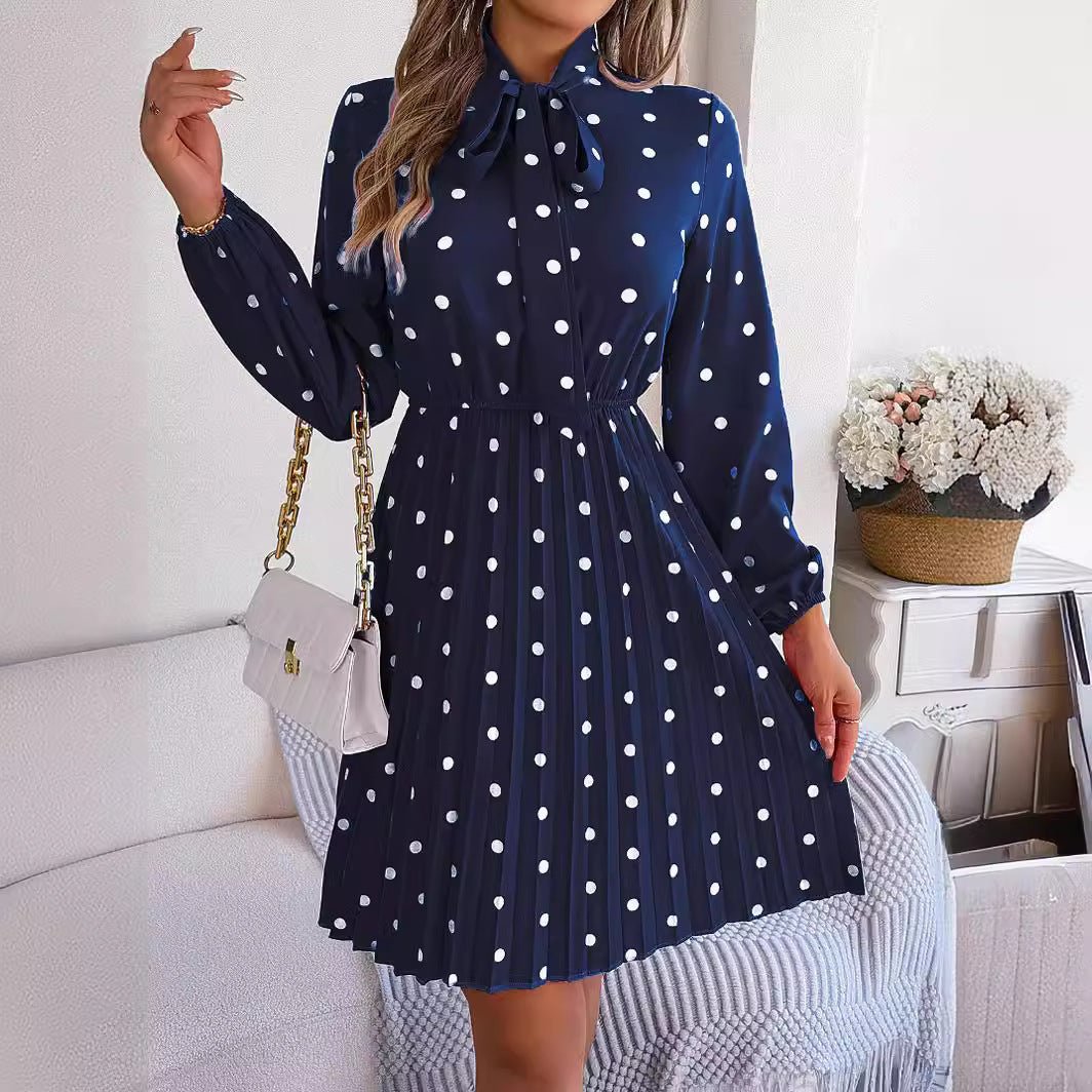 Women’s Polka Dot Pleated Dress – Self - Tie Waist & Long Sleeves - Allen - Fitness
