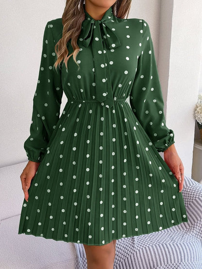 Women’s Polka Dot Pleated Dress – Self - Tie Waist & Long Sleeves - Allen - Fitness