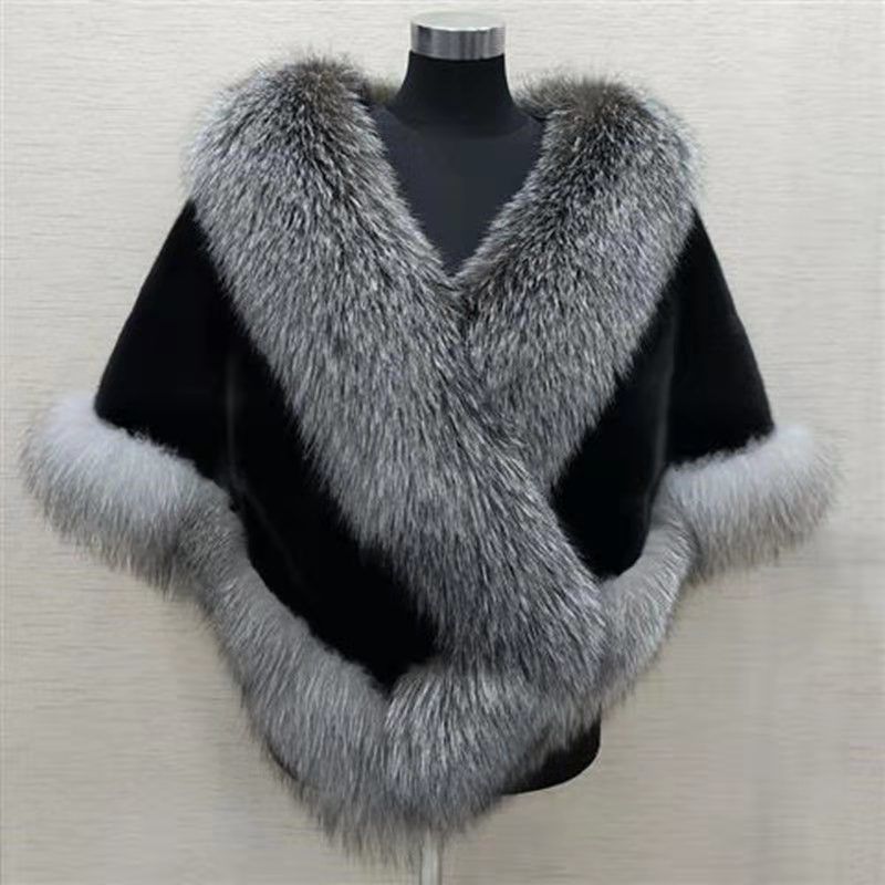 Women's Sleeveless Shawl Imitation Mink Fur Cape Coat Plus Size in White, Black, Wine Red, Gray Black - Allen - Fitness