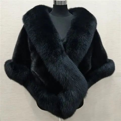 Women's Sleeveless Shawl Imitation Mink Fur Cape Coat Plus Size in White, Black, Wine Red, Gray Black - Allen - Fitness