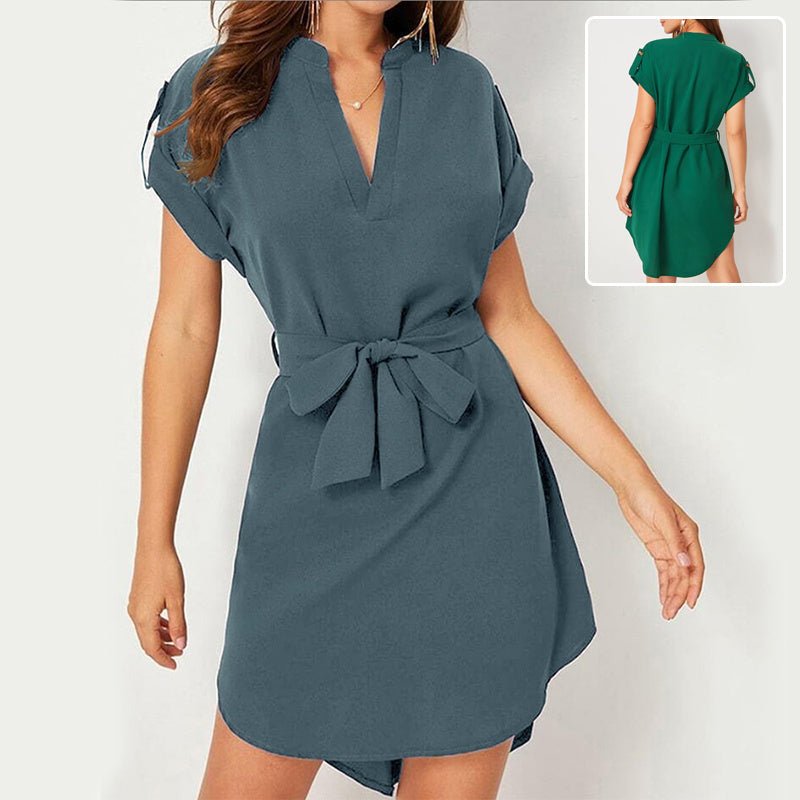 Women’s V - Neck Short Sleeve Belted Dress – Summer Bowknot Fashion - Allen - Fitness