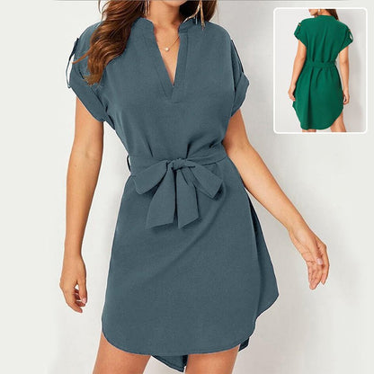 Women’s V - Neck Short Sleeve Belted Dress – Summer Bowknot Fashion - Allen - Fitness