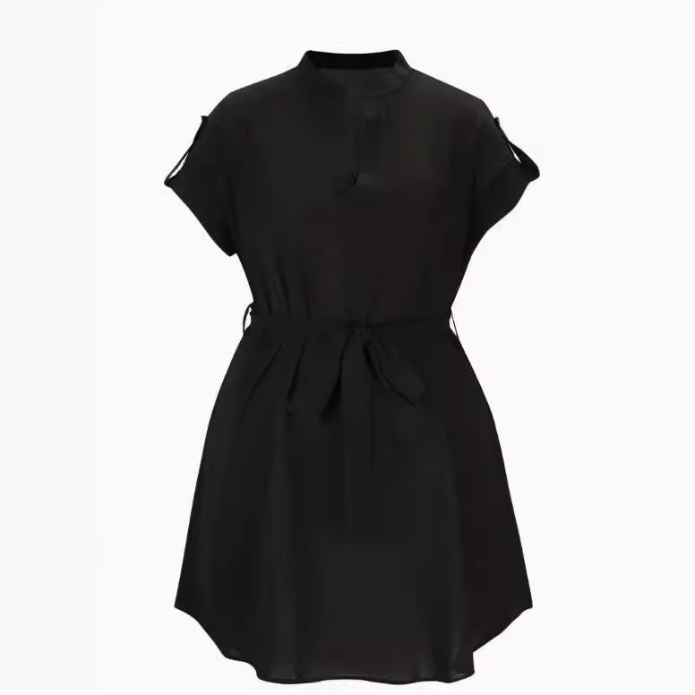 Women’s V - Neck Short Sleeve Belted Dress – Summer Bowknot Fashion - Allen - Fitness