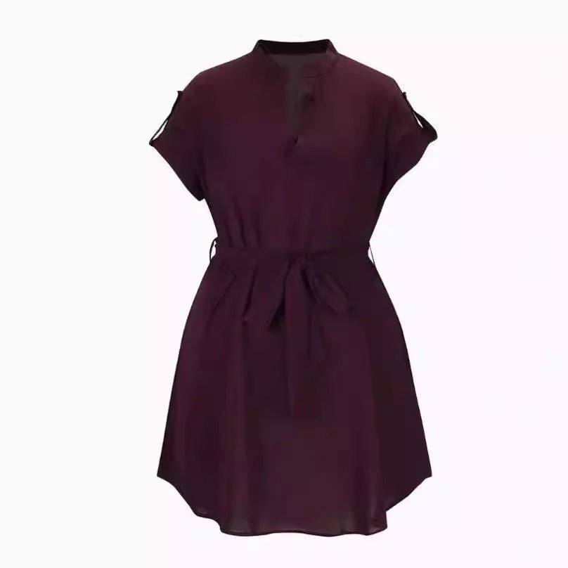Women’s V - Neck Short Sleeve Belted Dress – Summer Bowknot Fashion - Allen - Fitness
