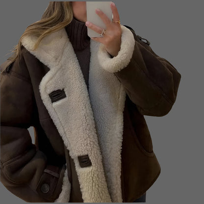 Womens Warm Coat - Thickened Lamb Wool, Loose Fit, 9-Quarter Sleeve, Dark & Light Brown Options.