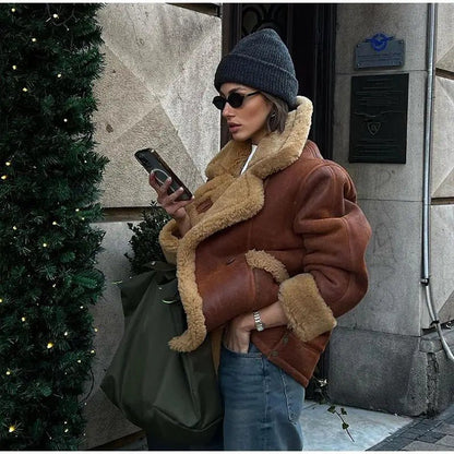 Womens Warm Coat - Thickened Lamb Wool, Loose Fit, 9-Quarter Sleeve, Dark & Light Brown Options.