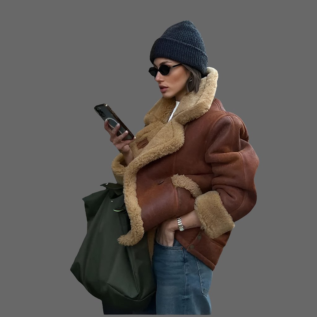 Womens Warm Coat - Thickened Lamb Wool, Loose Fit, 9-Quarter Sleeve, Dark & Light Brown Options.