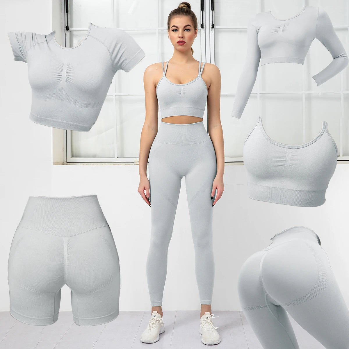 Women's Yoga Set - 5PCS Seamless Strappy Sports Bra, Long Sleeve and Booty Scrunch Leggings - Allen - Fitness