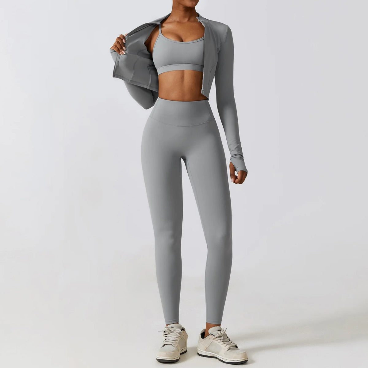 Workout Sets Women Zip up Crop Jacket High Waist Yoga Leggings With Sport Bra - Allen - Fitness