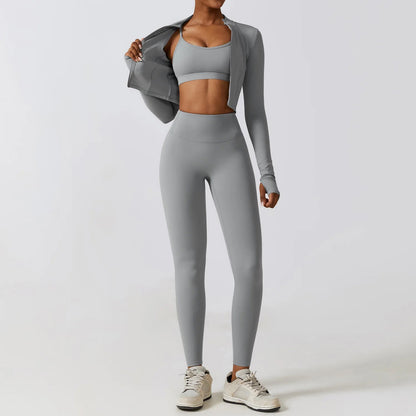 Workout Sets Women Zip up Crop Jacket High Waist Yoga Leggings With Sport Bra - Allen - Fitness