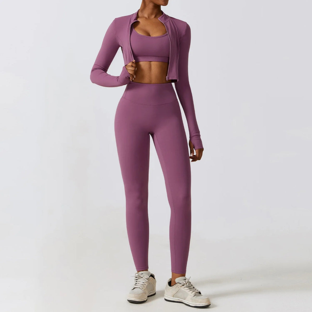 Workout Sets Women Zip up Crop Jacket High Waist Yoga Leggings With Sport Bra - Allen - Fitness