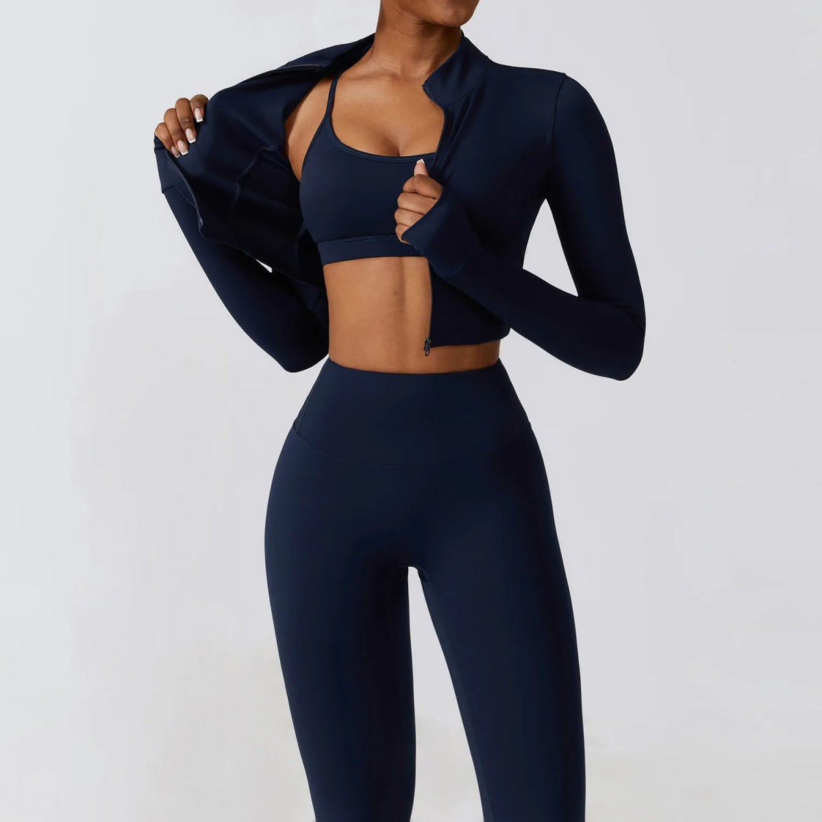 Workout Sets Women Zip up Crop Jacket High Waist Yoga Leggings With Sport Bra - Allen - Fitness